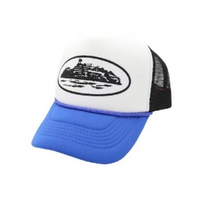 Black / Royal Corteiz Alcatraz Trucker Hats | 5830FPNSW