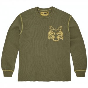 Khaki Corteiz Tiger Contrast Waffle Longsleeve Sweatshirts | 4120TZJRF