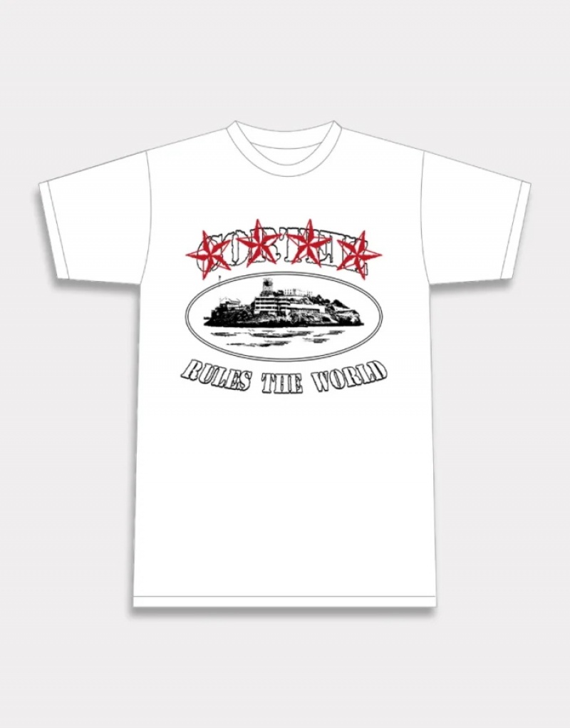 White Corteiz 4starz Alcatraz T-shirts | 0192FJZIX