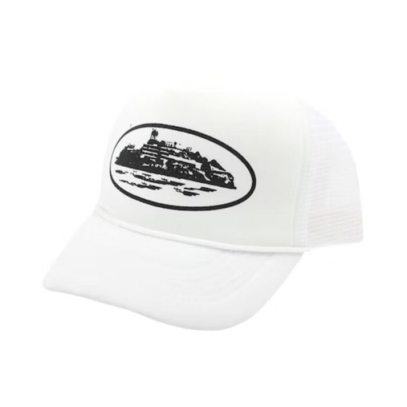 White Corteiz Alcatraz Trucker Hats | 4317DSNHX