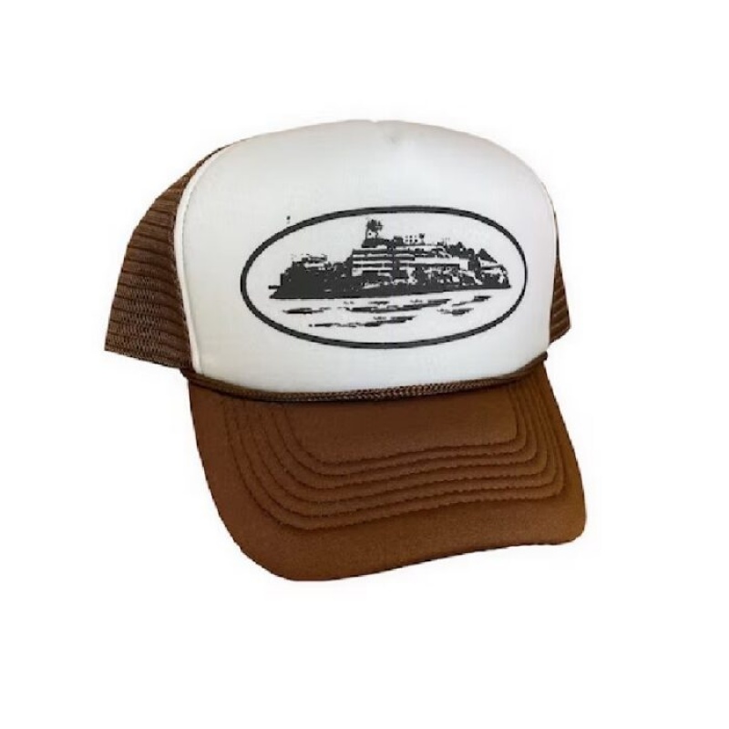White / Brown Corteiz Alcatraz Trucker Cocoa Hats | 8371HFOGQ
