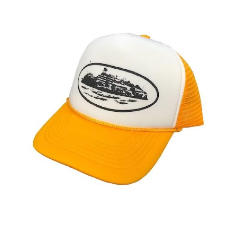 White / Yellow Corteiz Alcatraz Trucker Sunset Hats | 0721VYWNA